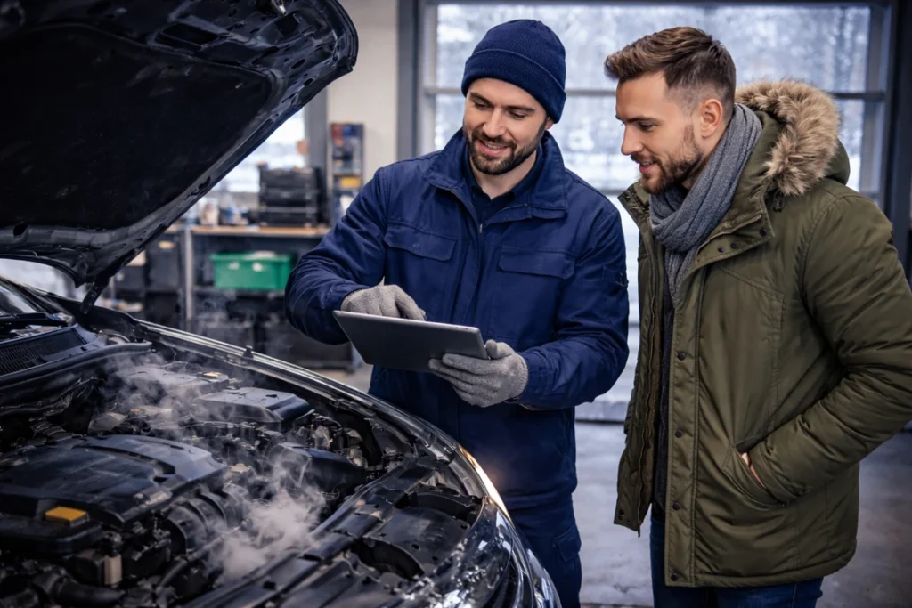 diagnostyka samochodu zimą w warsztacie mechanik i klient sprawdzanie silnika problemy z rozgrzewaniem silnika Poznań