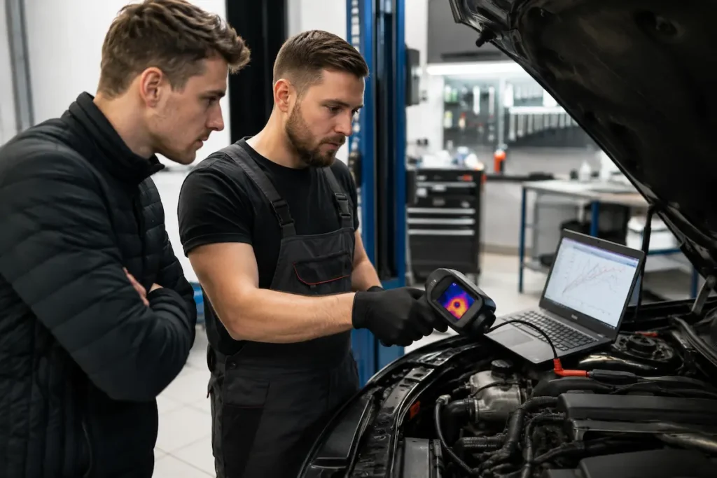 Mechanik wykonuje diagnostykę układu chłodzenia za pomocą kamery termowizyjnej i komputera diagnostycznego, wyjaśniając klientowi wyniki badania przy samochodzie z otwartą maską.