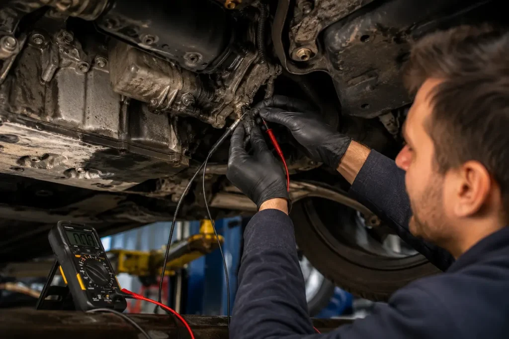 Mechanik sprawdza czujnik położenia wału korbowego i jego instalację elektryczną za pomocą multimetru.