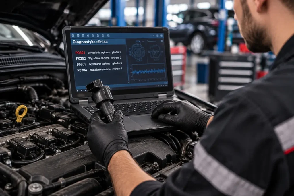 Mechanik diagnozuje wypadanie zapłonu i sprawdza cewkę zapłonową podczas komputerowej diagnostyki silnika.
