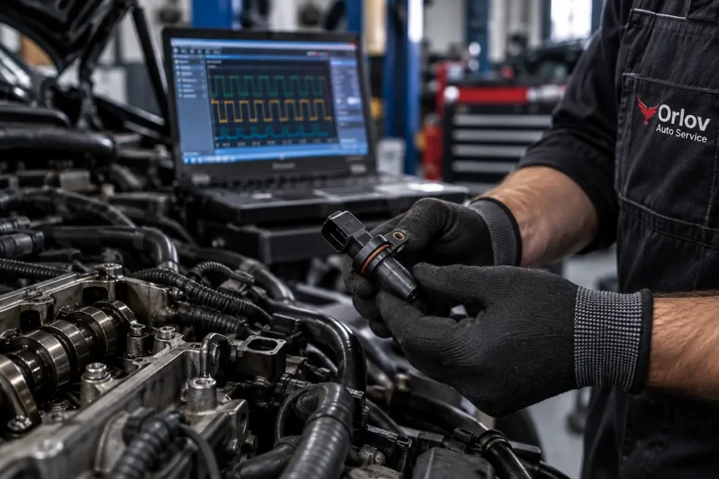 Mechanik sprawdza czujnik położenia wałka rozrządu