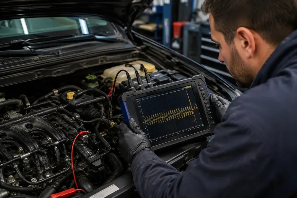 Mechanik sprawdza sygnał czujnika położenia wału korbowego za pomocą oscyloskopu diagnostycznego.