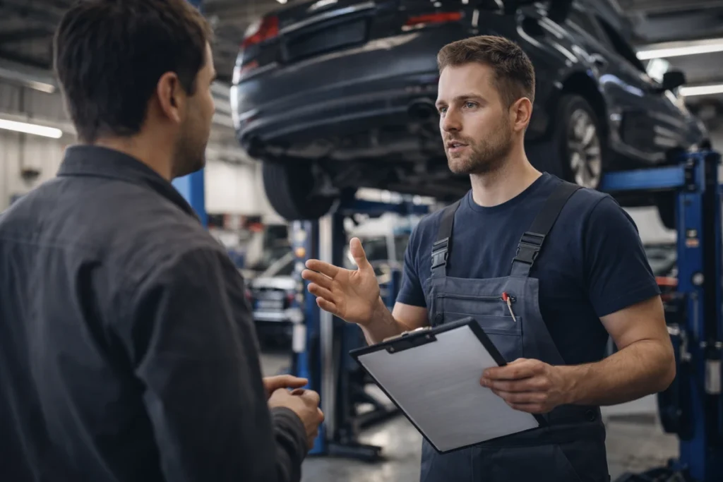 Kiedy warto udać się do warsztatu samochodowego – mechanik rozmawia z klientem w serwisie samochodowym