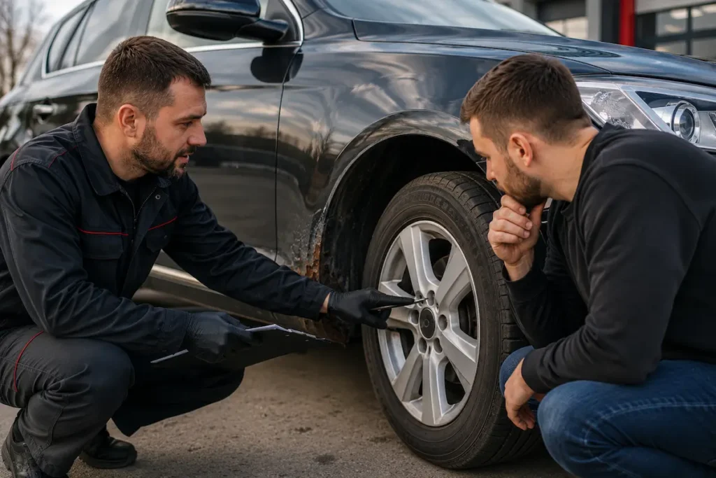 Jak chronić samochód przed korozją – mechanik wyjaśnia klientowi pierwsze oznaki korozji na nadkolu i karoserii samochodu