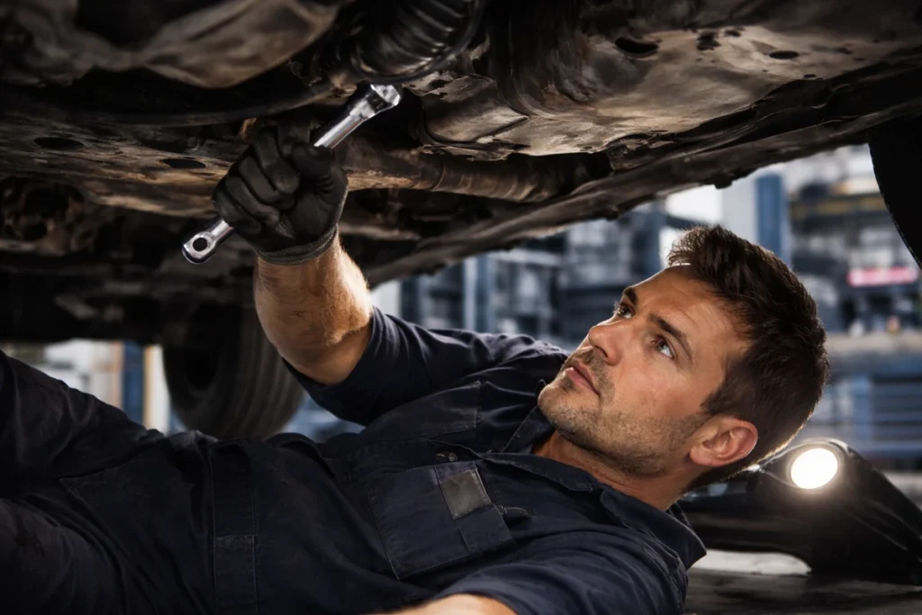 Mechanik naprawia układ chłodzenia samochodu – diagnostyka wycieku płynu chłodniczego pod autem