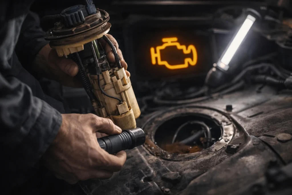 mechanik sprawdza pompę paliwa i układ paliwowy – problemy po jeździe na rezerwie i kontrolka check engine