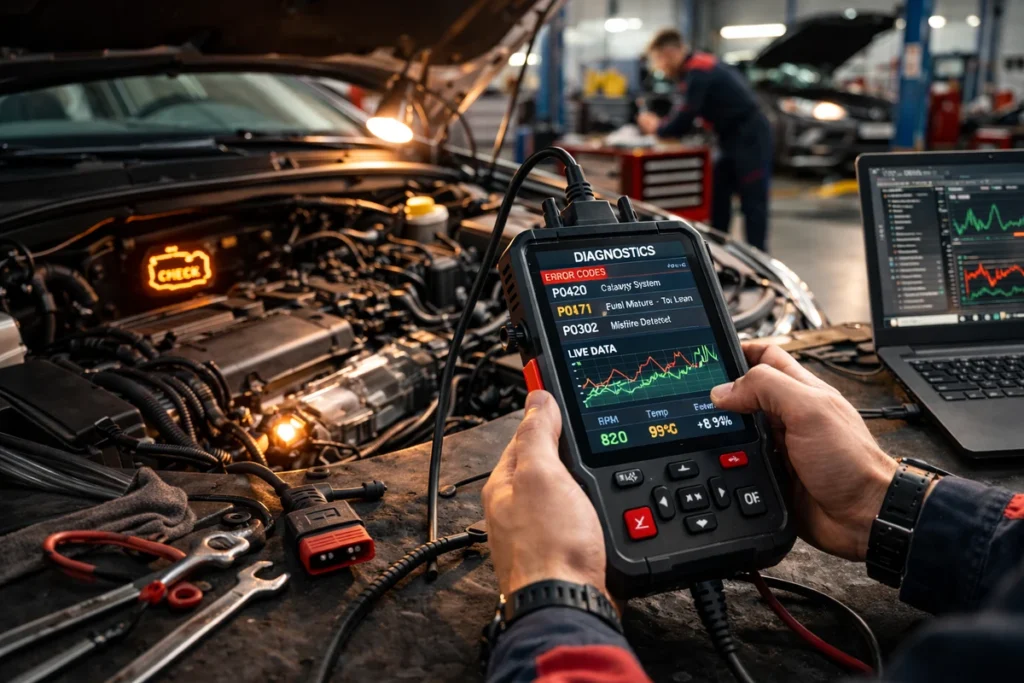 Diagnostyka komputerowa silnika w warsztacie samochodowym – odczyt błędów Check Engine i analiza parametrów pracy jednostki napędowej