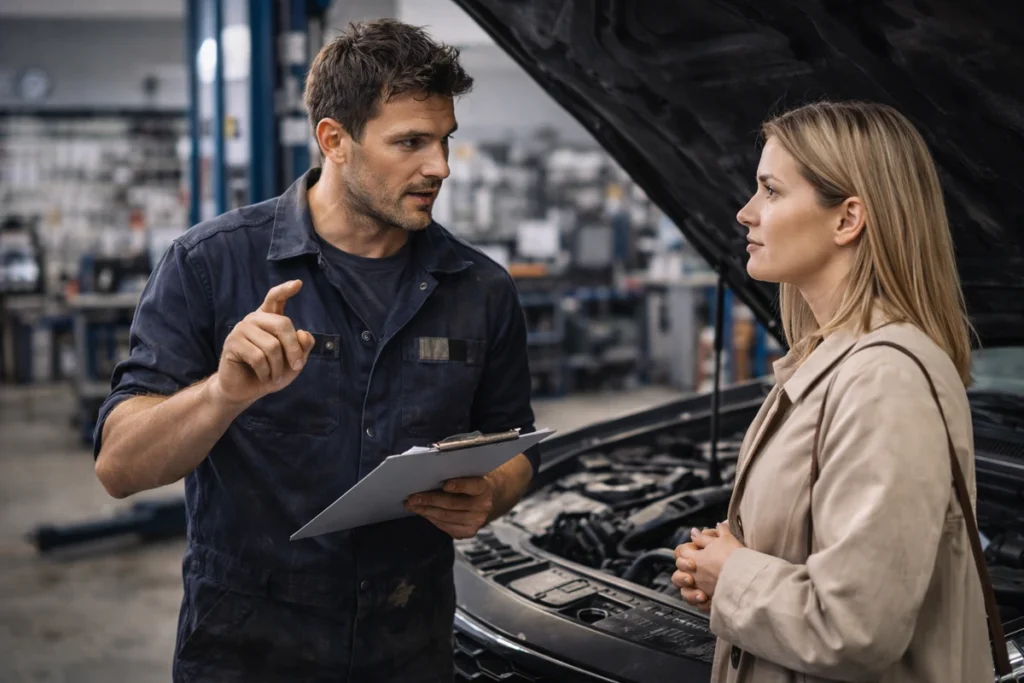 Mechanik wyjaśnia klientce przyczynę ubytku płynu chłodniczego przy otwartej masce samochodu