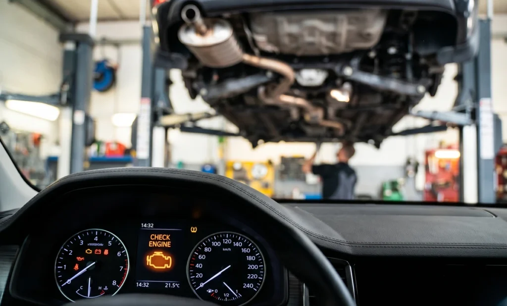 kontrolka check engine na desce rozdzielczej samochodu diagnostyka auta w warsztacie samochodowym