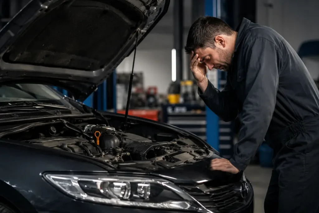 Mechanik diagnozujący problem z uruchomieniem silnika w samochodzie podczas wizyty w warsztacie