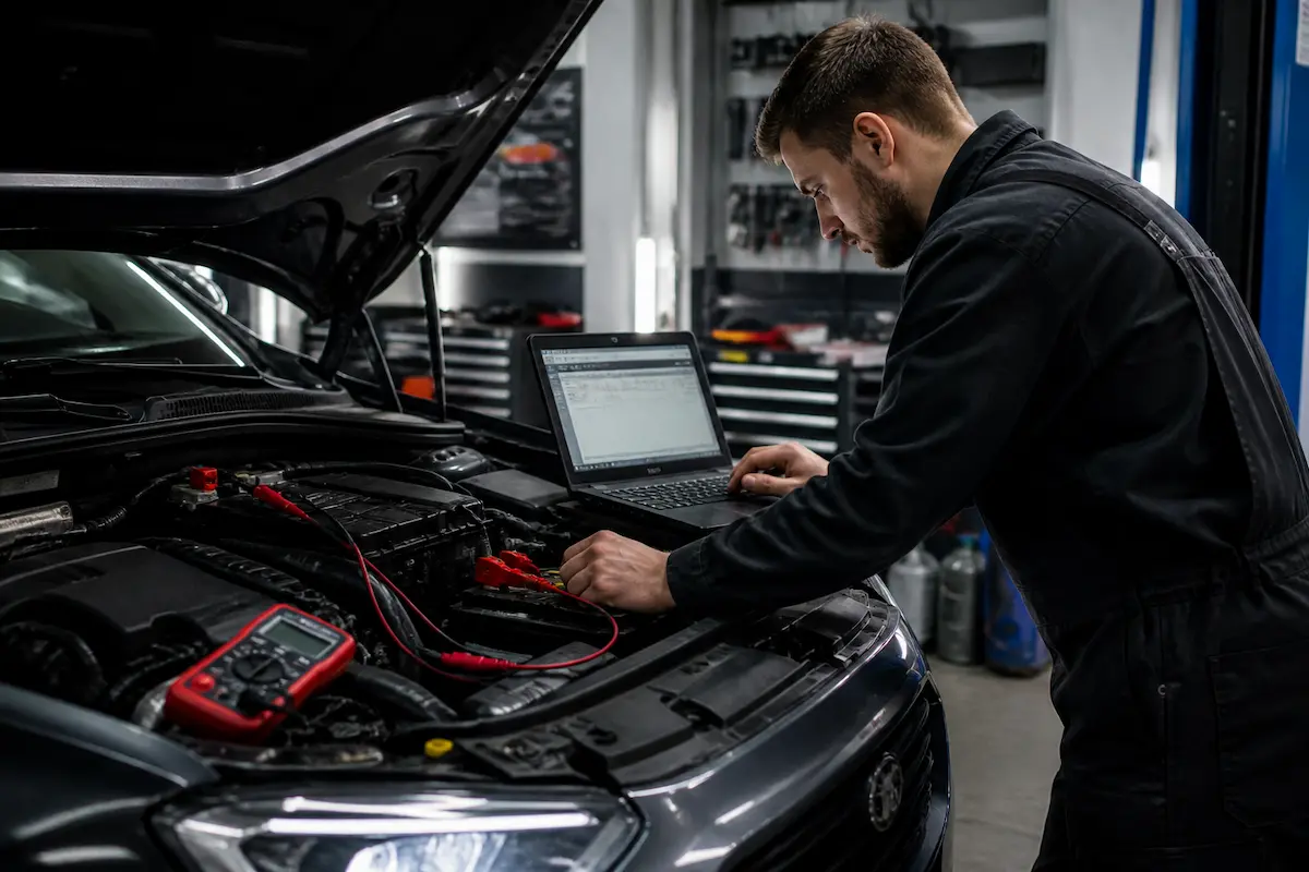Elektryk samochodowy Poznań – diagnostyka elektryki auta przy użyciu komputera i narzędzi serwisowych