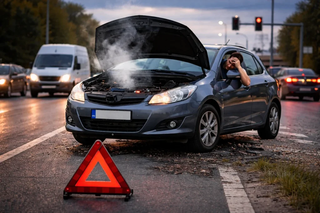 Samochód z otwartą maską i dymem z silnika na drodze – auto gaśnie podczas jazdy, awaria silnika w ruchu miejskim