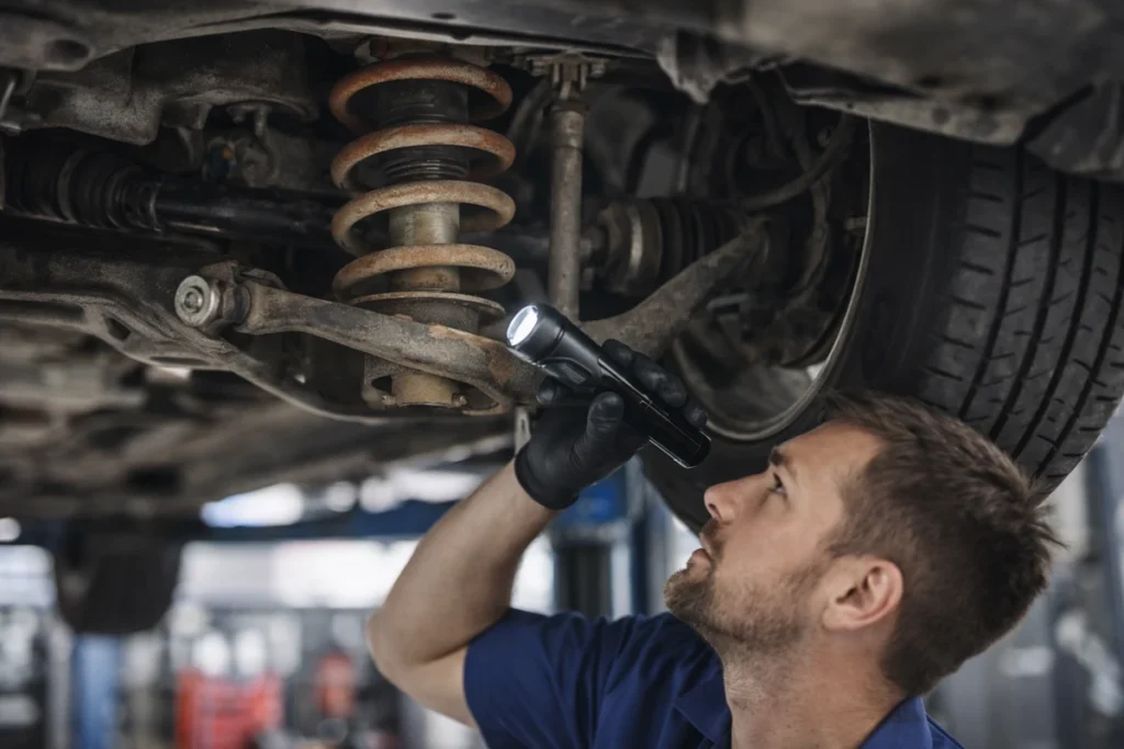 stuki w zawieszeniu samochodu – mechanik sprawdza amortyzator i sprężynę