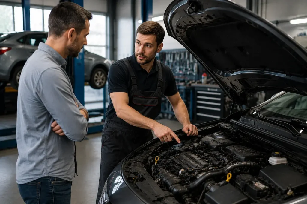 Mechanik wyjaśniający przyczynę przejścia samochodu w tryb awaryjny po wykonanej diagnostyce