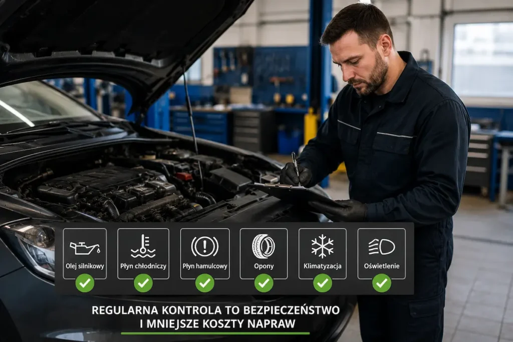 Elementy samochodu warto kontrolować – mechanik wykonujący comiesięczną kontrolę stanu technicznego pojazdu