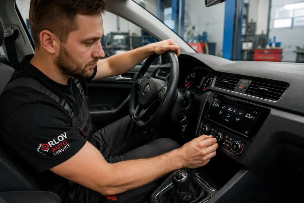 Klimatyzacja samochodowa przez cały rok – mechanik sprawdzający ustawienia układu we wnętrzu samochodu