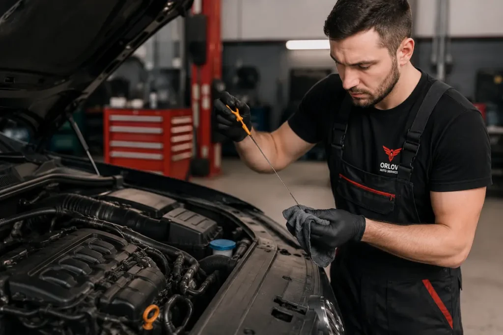 Mechanik sprawdza poziom oleju silnikowego bagnetem podczas diagnostyki samochodu w warsztacie Orlov Auto Service.
