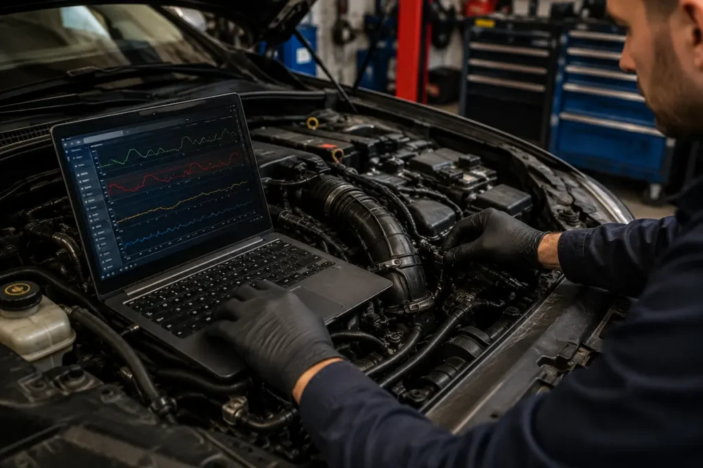 Mechanik analizuje parametry pracy silnika podczas komputerowej diagnostyki układu EGR.