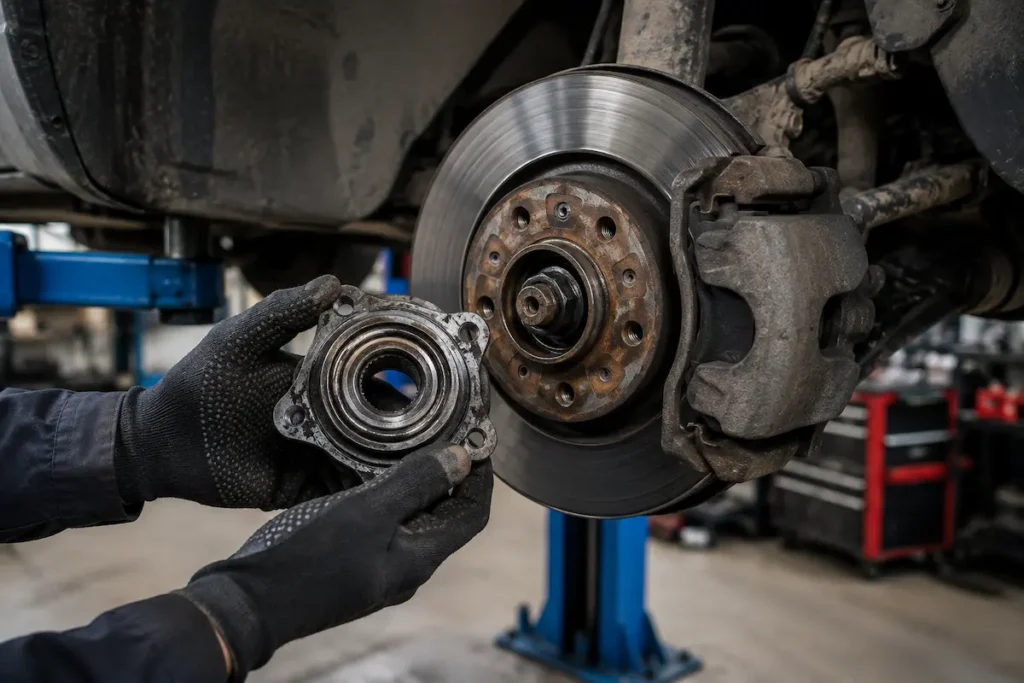 Mechanik sprawdza łożysko i piastę koła podczas diagnostyki w warsztacie samochodowym.