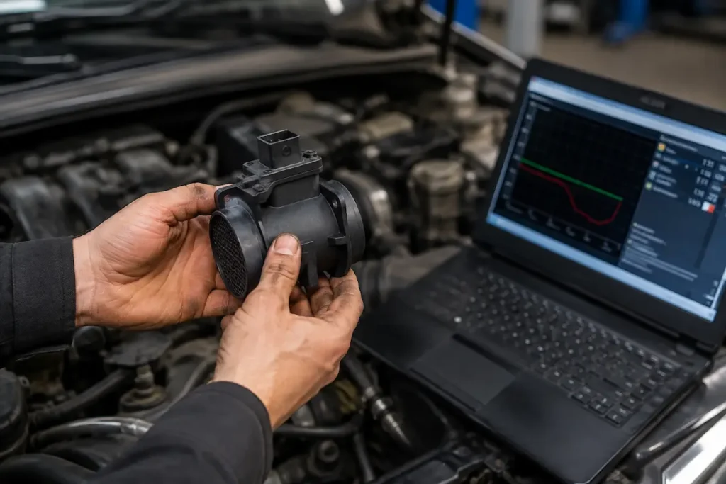 Mechanik sprawdza przepływomierz powietrza MAF podczas diagnostyki silnika za pomocą komputera diagnostycznego.
