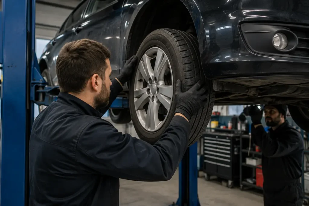 Mechanik sprawdza luz koła i stan łożyska podczas diagnostyki samochodu na podnośniku.