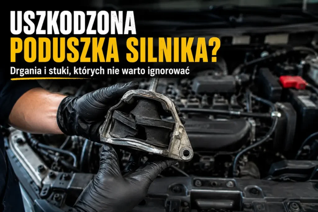 Mechanik pokazuje uszkodzoną poduszkę silnika z pękniętym elementem gumowym.