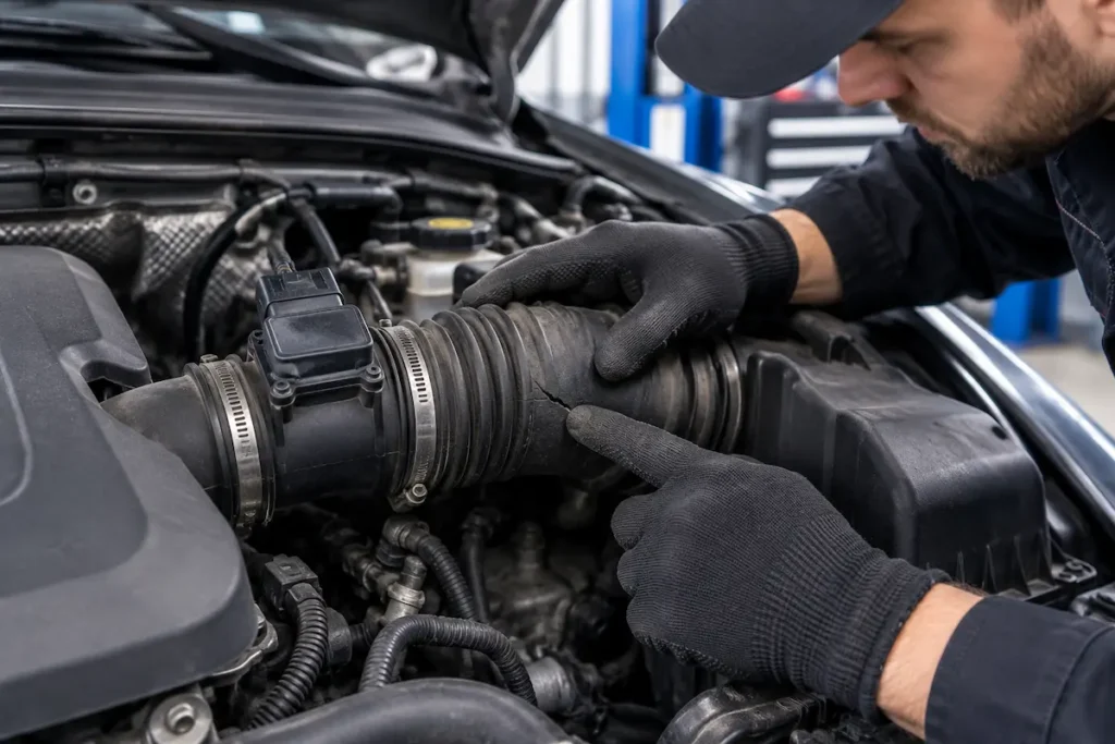 Mechanik sprawdza pęknięty przewód układu dolotowego w pobliżu przepływomierza MAF podczas diagnostyki silnika.
