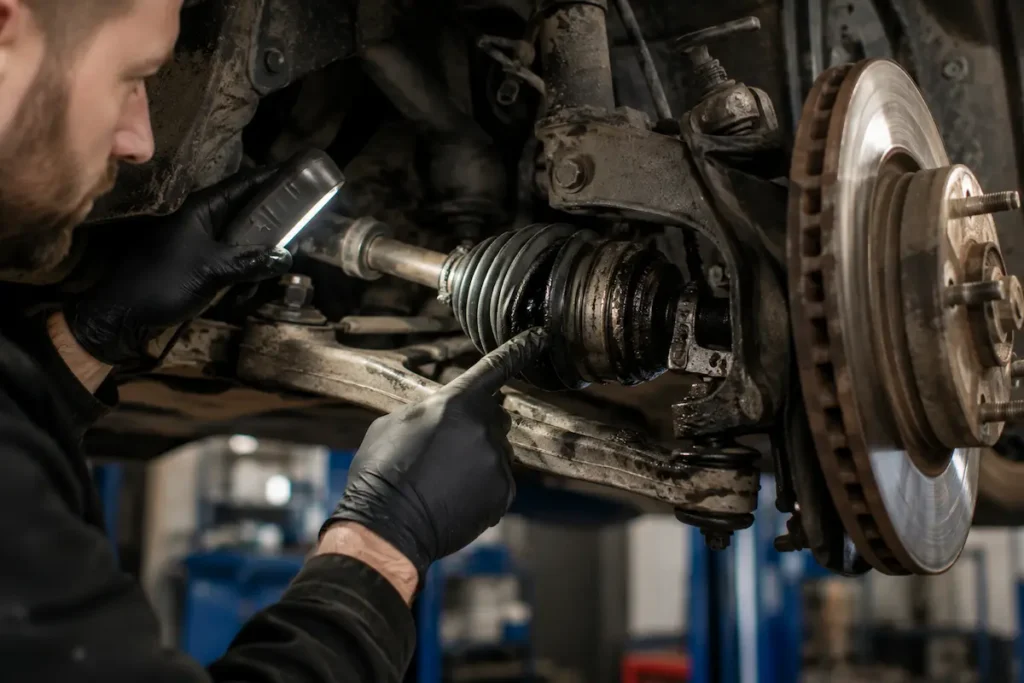 Mechanik sprawdza uszkodzoną osłonę przegubu napędowego i wyciek smaru przy półosi.