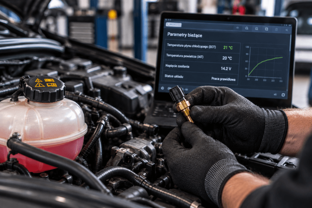 Mechanik sprawdza czujnik temperatury płynu chłodzącego