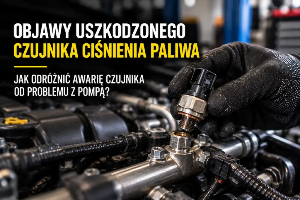 Mechanik sprawdza czujnik ciśnienia paliwa na listwie podczas diagnostyki układu paliwowego silnika.