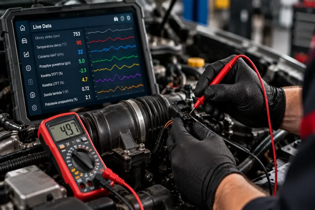 Mechanik sprawdza instalację elektryczną multimetrem i porównuje pomiary z parametrami Live Data