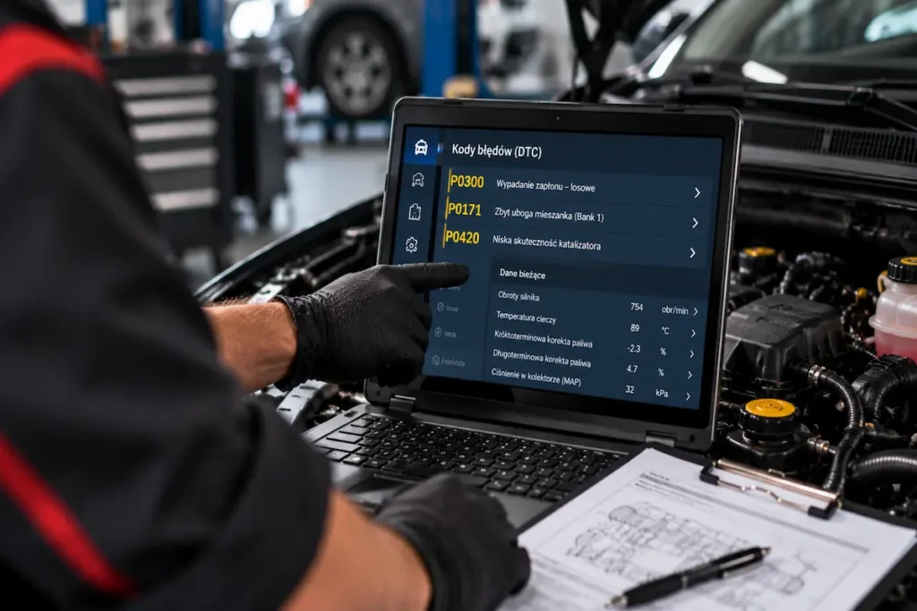 Mechanik analizuje kody błędów OBD2 i dane bieżące podczas diagnostyki usterki samochodu.