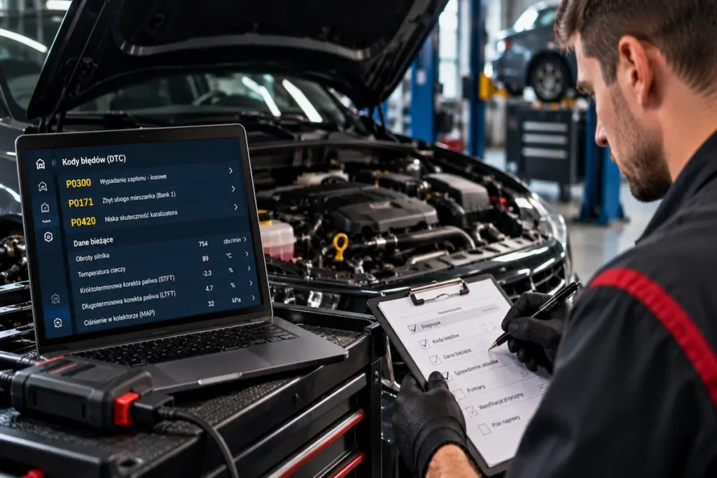 Mechanik weryfikuje kody błędów OBD2 i wyniki diagnostyki przed ustaleniem rzeczywistej przyczyny usterki.