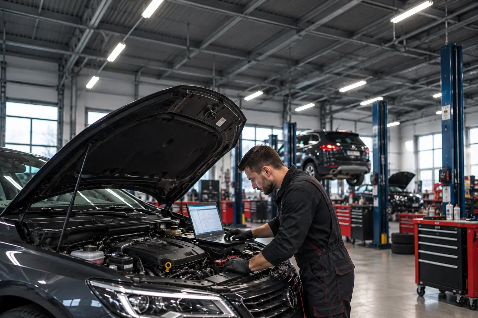 Elektryk samochodowy podczas diagnostyki instalacji elektrycznej auta w Poznaniu