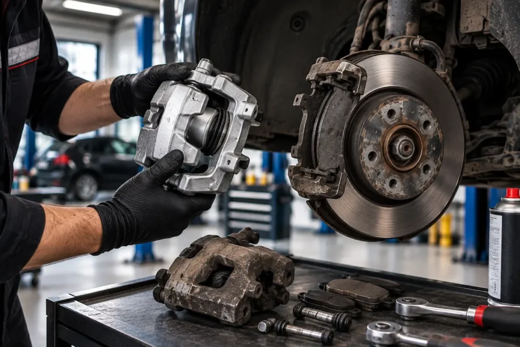 Mechanik wymienia uszkodzony zacisk hamulcowy na nowy podczas naprawy układu hamulcowego.