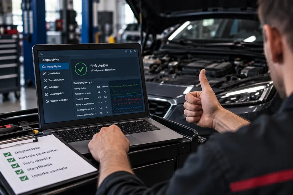 Mechanik weryfikuje wyniki diagnostyki komputerowej samochodu po usunięciu usterki i sprawdza prawidłowe parametry pracy silnika.