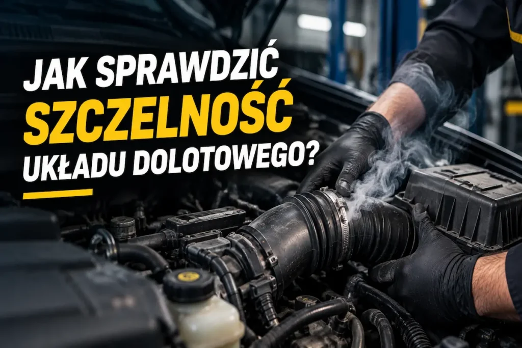 Mechanik sprawdza szczelność układu dolotowego samochodu, kontrolując przewód powietrza i opaskę zaciskową w komorze silnika.
