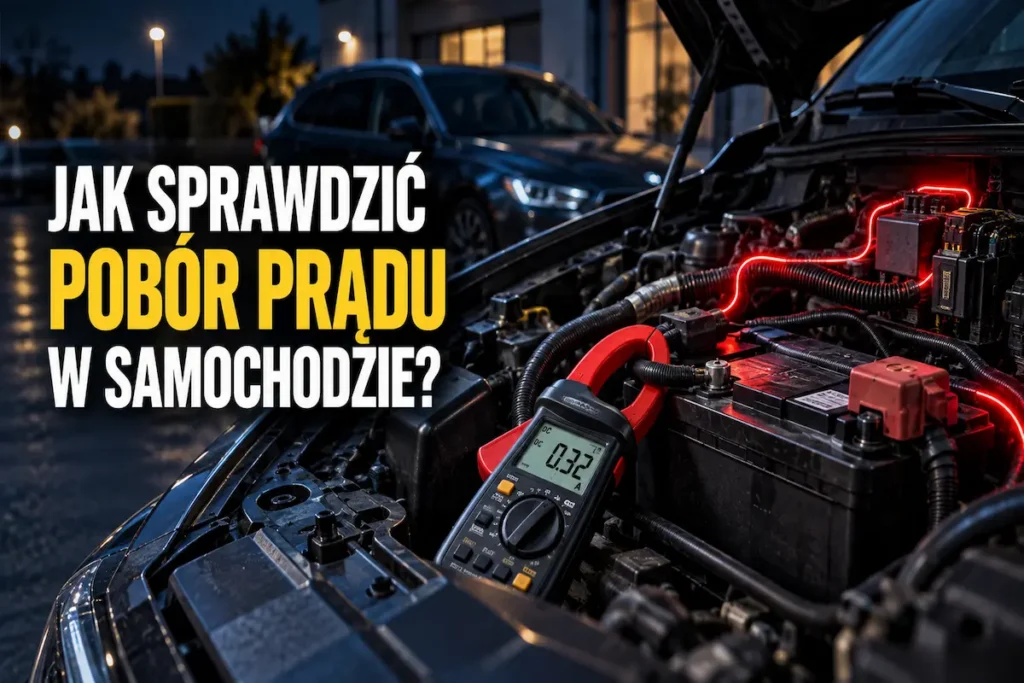 Pomiar poboru prądu na postoju samochodu za pomocą miernika cęgowego DC - diagnostyka rozładowującego się akumulatora.