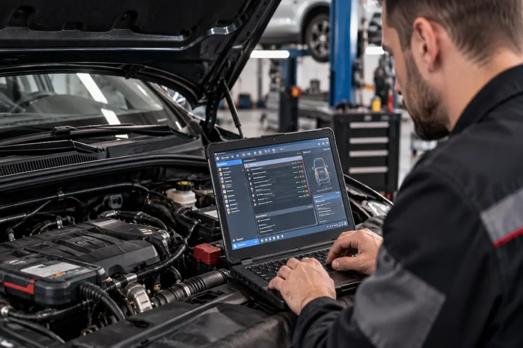 Mechanik przeprowadza komputerową diagnostykę instalacji elektrycznej samochodu w warsztacie, szukając przyczyny nadmiernego poboru prądu i rozładowywania akumulatora.