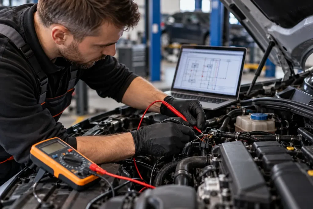 Mechanik sprawdza instalację elektryczną samochodu multimetrem